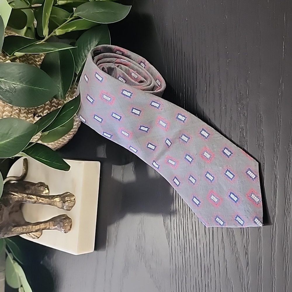 YSL VINTAGE 80s YVES SAINT LAURENT Mens Silk Tie Suit Gray Geometric Retro